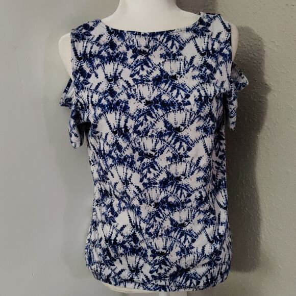 MICHAEL Michael Kors Blue/White Cold Shoulder Tie Dye Top L Casual Cottagecore - Picture 1 of 11